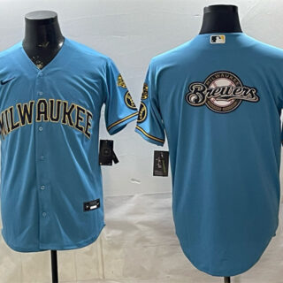 Men's Milwaukee Brewers Team Big Logo Blue With Home & Bob Uecker Patch Stitched Baseball Jersey