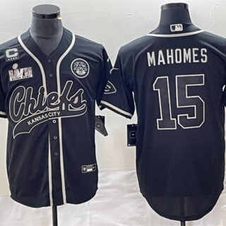 Men's Kansas City Chiefs #15 Patrick Mahomes Black With 4-Star C Patch And Super Bowl LVII Patch Cool Bae Stitched Baseball Jersey