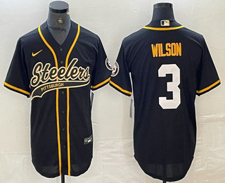 Men's Pittsburgh Steelers #3 Russell Wilson Black With Patch Cool Base Stitched Baseball Jersey
