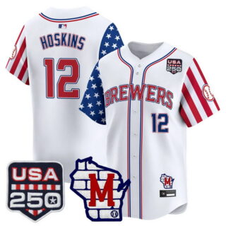 Men's Milwaukee Brewers #12 Rhys Hoskins America Edition Vapor Premier Limited Jersey All Stitched White