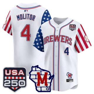 Men's Milwaukee Brewers #4 Paul Molitor America Edition Vapor Premier Limited Jersey All Stitched White