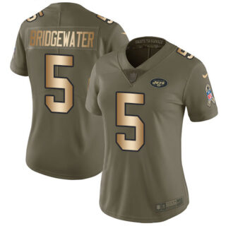 Nike Jets #5 Teddy Bridgewater Olive Gold Women's Stitched NFL Limited 2017 Salute to Service Jersey