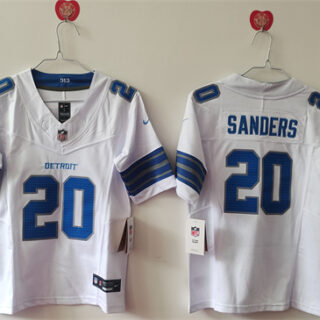 Women's Detroit Lions #20 Barry Sanders White 2024 F.U.S.E. Vapor Limited Stitched Jersey(Run Smaller)