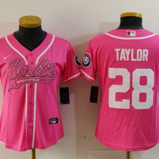 Women's Indianapolis Colts #28 Jonathan Taylor Pink With Patch Cool Base Stitched Baseball Jersey(Run Small)