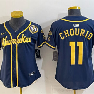 Women's Milwaukee Brewers #11 Jackson Chourio Navy With Home & Bob Uecker Patch Limited Stitched Jersey(Run Small)