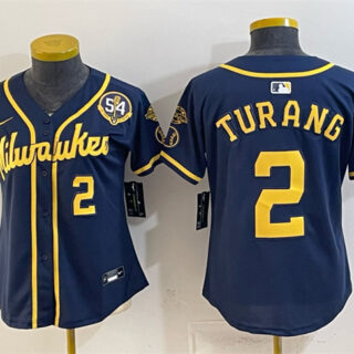 Women's Milwaukee Brewers #2 Brice Turang Navy With Home & Bob Uecker Patch Limited Stitched Jersey(Run Small)