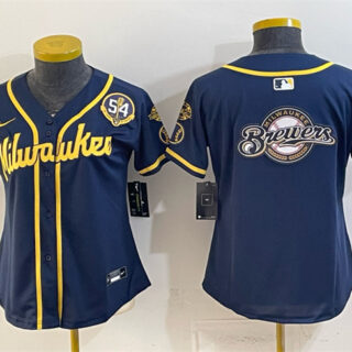Women's Milwaukee Brewers Team Big Logo Navy With Home & Bob Uecker Patch Limited Stitched Jersey(Run Small)