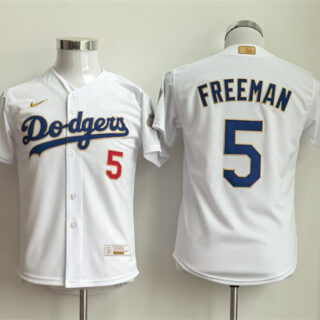 Youth Los Angeles Dodgers #5 Freddie Freeman White Gold Collection Stadium Stitched Baseball Jersey