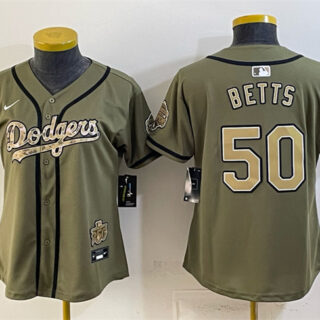 Youth Los Angeles Dodgers #50 Mookie Betts Olive 2026 Military Appreciation Game Day Stitched Baseball Jersey