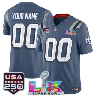 Youth New England Patriots Active Player Custom Storm Blue 2025 F.U.S.E. Super Bowl LX & USA 250' Patch Rivalries Vapor Limited Stitched Football Jersey