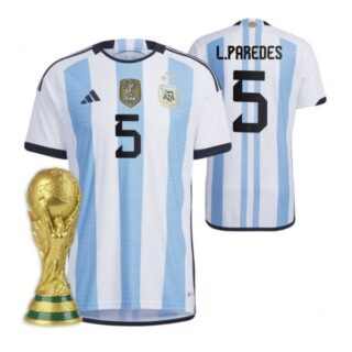 Men's Leandro Paredes Argentina National Team White Home 3 Stars 2022 World Cup Champions Jersey