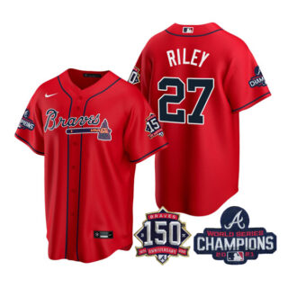 Men's Atlanta Braves Austin Riley 2021 World Series Champions Stitched Jersey Cool Base Red