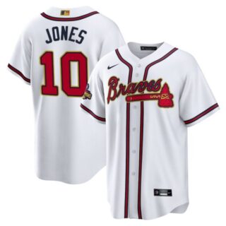 Men's Cool Base Atlanta Braves Chipper Jones 2022 Gold Program White Stitched Jersey