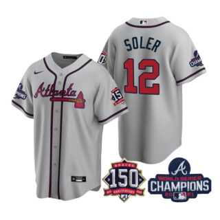 Men's Atlanta Braves Jorge Soler 2021 World Series Champions Stitched Jersey Cool Base Gray