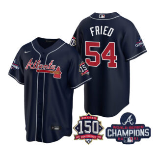 Men's Atlanta Braves Max Fried 2021 World Series Champions Stitched Jersey Cool Base Navy