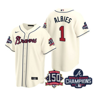 Men's Atlanta Braves Ozzie Albies 2021 World Series Champions Stitched Jersey Cool Base Cream
