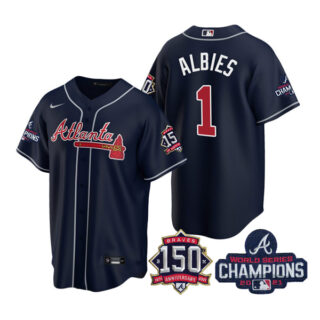 Men's Atlanta Braves Ozzie Albies 2021 World Series Champions Stitched Jersey Cool Base Navy
