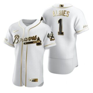 Men's #1 Ozzie Albies Atlanta Braves Flex Base Jersey White Golden