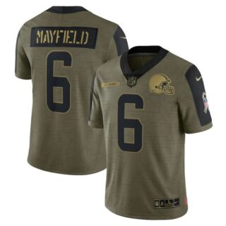 Men's #6 Baker Mayfield Cleveland Browns Olive 2021 Salute To Service Limited Jersey