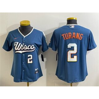 Women's Milwaukee Brewers #2 Brice Turang Mineral Blue 2026 City Connect Stadium Stitched Baseball Jersey(Run Small)