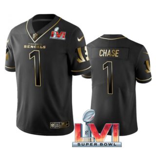 Men's Ja'Marr Chase Cincinnati Bengals 2022 Super Bowl LVI Black Golden Stitched Jersey