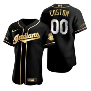 Men's Custom Cleveland Indians Flex Base Jersey Black Golden