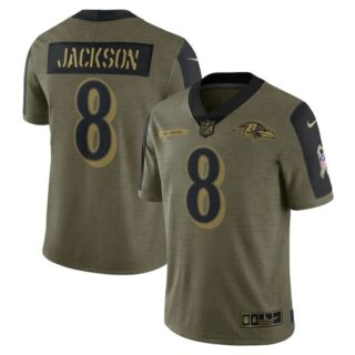 Men's #8 Lamar Jackson Baltimore Ravens Olive 2021 Salute To Service Limited Jersey
