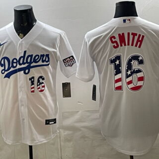 Men's Los Angeles Dodgers #16 Smith USA 250 Fourth of July Home Stadium Stitched Jersey - White