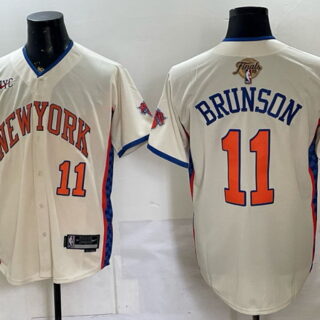 Men's New York Knicks #11 Jalen Brunson Finals Back Collar Patch Baseball Jersey - Cream
