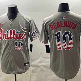 Men's Philadelphia Phillies #10 J.T. Realmuto USA 250 Fourth of July Away Stadium Stitched Jersey - Grey