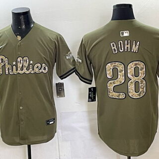Men's Philadelphia Phillies #28 Alec Bohm Armed Forces Day Camo Baseball Jersey - Olive Green
