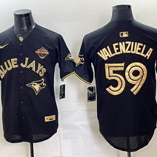 Men's Toronto Blue Jays #59 Brandon Valenzuela Champion Patch Baseball Jersey - Black Gold