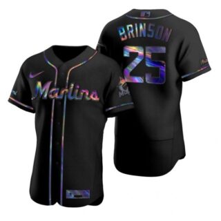 Men's Lewis Brinson Miami Marlins Flex Base Jersey Black Holographic