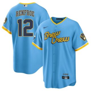 Men's Cool Base Milwaukee Brewers Hunter Renfroe Brew Crew City Connect Powder Blue Stitched Jersey