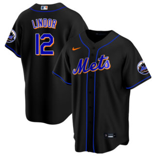 Men's - Cool Base New York Mets Francisco Lindor Black Throwback Jersey - Stitched