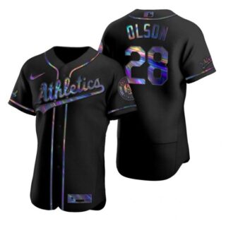 Men's #28 Matt Olson Oakland Athletics Flex Base Jersey Black Holographic