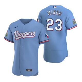 Men's Mike Minor Texas Rangers Flex Base Jersey Scarlet Light Blue