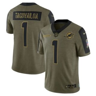 Men's #1 Tua Tagovailoa Miami Dolphins Olive 2021 Salute To Service Limited Jersey