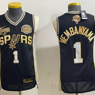 Men's San Antonio Spurs #1 Victor Wembanyama Black Gold 2026 Finals & Western Conference Champions Patch Stitched Basketball Jersey