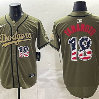 Men's Los Angeles Dodgers #18 Yoshinobu Yamamoto Olive 2026 Armed Forces Day USA 250 Fourth of July Stitched Baseball Jersey
