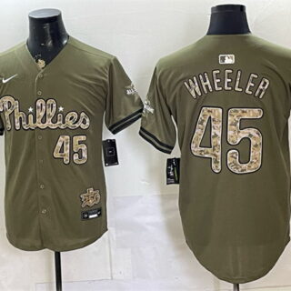 Men's Philadelphia Phillies #45 Zack Wheeler Olive 2026 Armed Forces Day Stitched Baseball Jersey