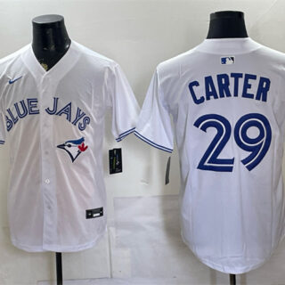 Men's Toronto Blue Jays #29 Joe Carter White 50 Seasons Patch Stitched Baseball Jersey