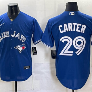 Men's Toronto Blue Jays #29 Joe Carter Royal 50 Seasons Patch Stitched Baseball Jersey
