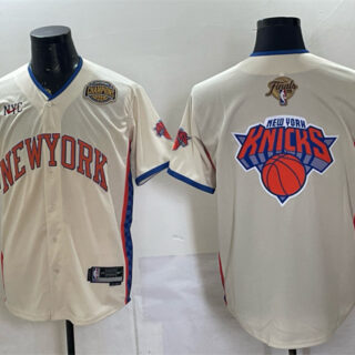 Men's New York Knicks Team Big Logo Cream 2026 Finals & Eastern Conference Champions Patch Stitched Baseball Jersey