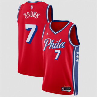 Men's Philadelphia 76ers #7 Jaylen Brown Red 2026 Statement Edition Stitched Jersey