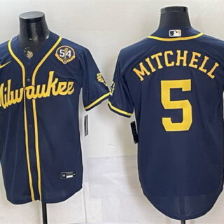 Men's Milwaukee Brewers #5 Garrett Mitchell Navy With Home & Bob Uecker Patch Limited Stitched Baseball Jersey