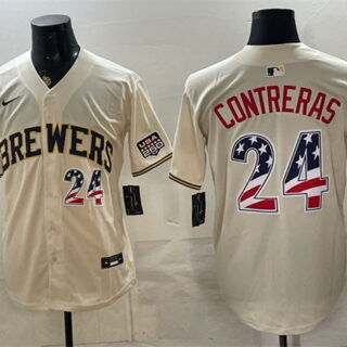Men's Milwaukee Brewers #24 William Contreras Cream 2026 USA 250 Fourth of July Home Stadium Stitched Baseball Jersey