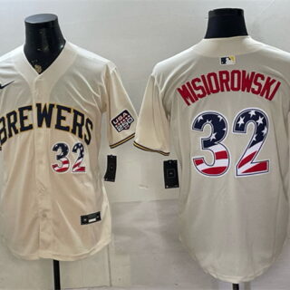 Men's Milwaukee Brewers #32 Jacob Misiorowski Cream 2026 USA 250 Fourth of July Home Stadium Stitched Baseball Jersey