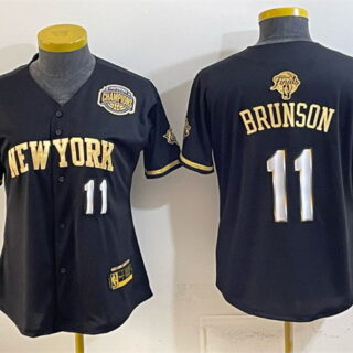 Women's New York Knicks #11 Jalen Brunson Black Gold 2026 Finals & Eastern Conference Champions Patch Stitched Baseball Jersey(Run Small)