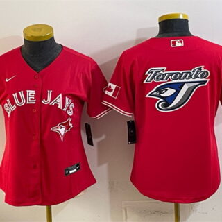 Women's Toronto Blue Jays Team Big Logo Red 50 Seasons Patch Stitched Baseball Jersey(Run Small)